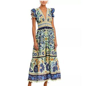 Farm Rio Blue/Green Urban Tapestry Midi Dress Size XS